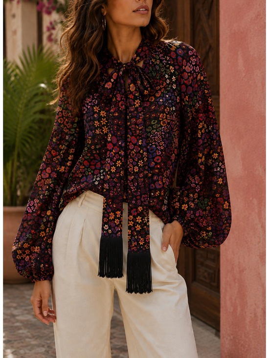 FARM Rio Tops - Farm Rio Floral Animal Print Blouse Balloon Sleeve $198.  Fringe Tie Neck M